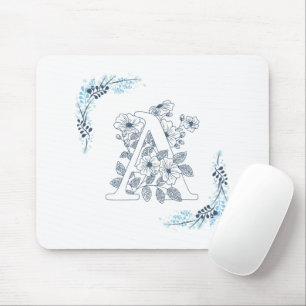 Initiële "A" Blauwe Monogram Kalm Bloemmotief Muismat
