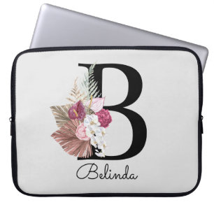 Initiële B Moderne Roze Boho Meisjesachtig Bloemig Laptop Sleeve