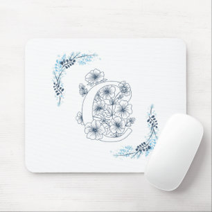 Initiële "C" Blauwe Monogram Rustige Bloemen Muismat