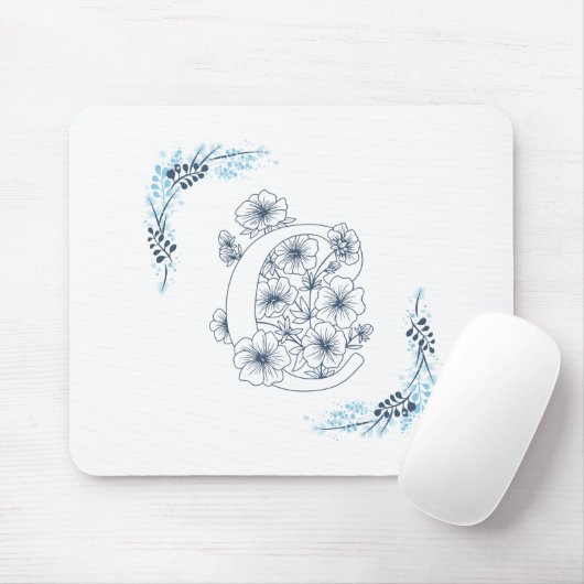 Initiële "C" Blauwe Monogram Rustige Bloemen Muismat (Met muis)