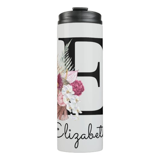 Initiële E Moderne Roze Bloem Thermosbeker (Voorkant)