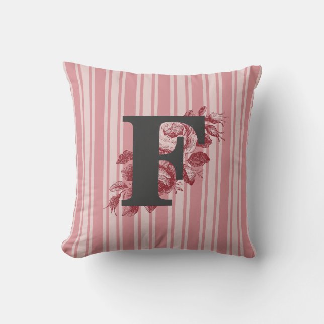 Initiële F Monogram Koolrozen en Strepen Kussen (Voorkant)