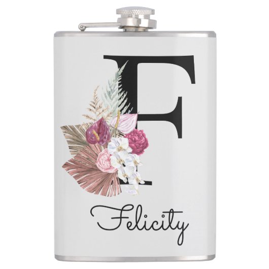 Initiële F Monogram Roze Boho Bloemstuk Heupfles (Voorkant)