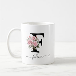 Initiële F Roze Rozen Bloem Bloemen Monogram Naam Koffiemok