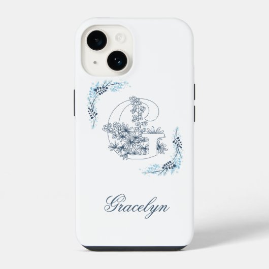 Initiële "G" Blauwe Monogram Rustige Bloem iPhone Hoesje (Achterkant)