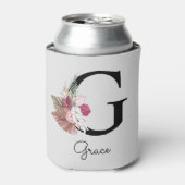 Initiële G Monogram Roze Boho Bloemstuk Blikjeskoeler (Blikje Voorkant)