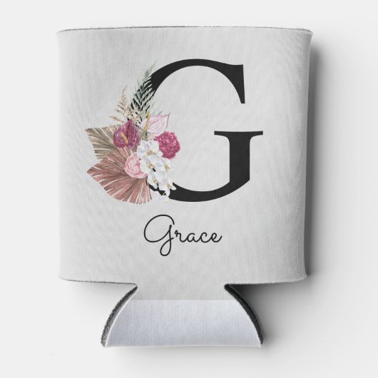 Initiële G Monogram Roze Boho Bloemstuk Blikjeskoeler (Voorkant)