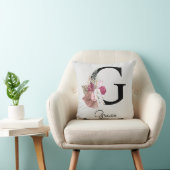Initiële G Monogram Roze Boho Bloemstuk Kussen (Stoel)