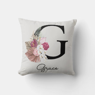 Initiële G Monogram Roze Boho Bloemstuk Kussen
