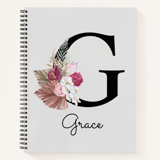 Initiële G Monogram Roze Boho Meisjesachtig Bloemm Notitieboek (Voorkant)