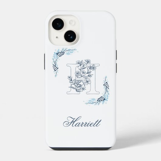 Initiële "H" Blauwe Monogram Rustige Bloem iPhone Hoesje (Achterkant)