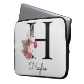 Initiële H Geborduurde Roze Boho Bloem Laptop Sleeve (Voorkant Links)