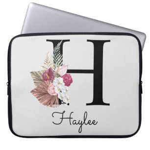Initiële H Geborduurde Roze Boho Bloem Laptop Sleeve