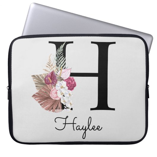 Initiële H Geborduurde Roze Boho Bloem Laptop Sleeve (Voorkant)