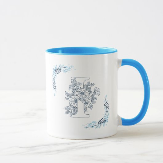 Initiële "I" Blauwe Monogram Kalm Bloemmotief Koff Mok (Rechts)