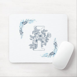 Initiële "I" Blauwe Monogram Kalm Bloemmotief Muismat
