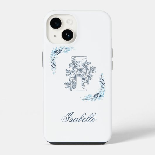 Initiële "I" Blauwe Monogram Rustige Bloem iPhone Hoesje (Achterkant)