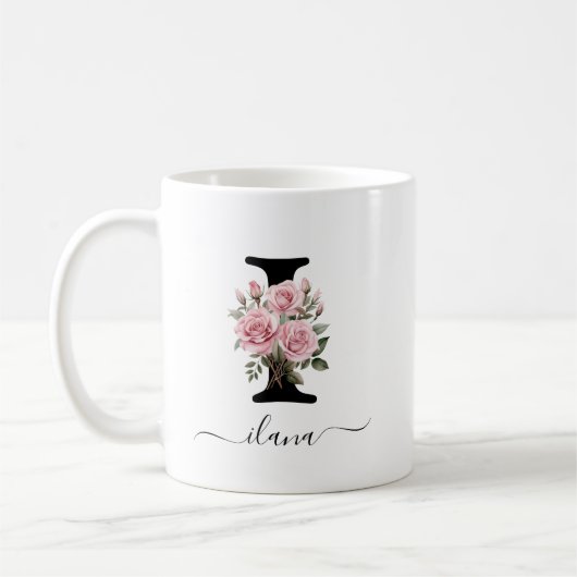 Initiële I Monogram Bloem Roze Rozen Mok (Links)