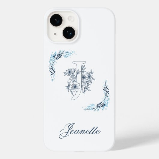 Initiële "J" Blauwe Monogram Rustige Bloemen Case-Mate iPhone Case (Achterkant)