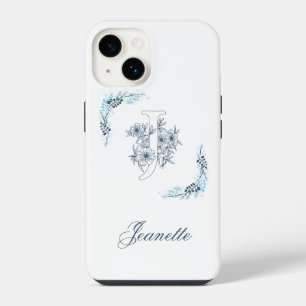 Initiële "J" Blauwe Monogram Rustige Bloemen iPhone 14 Hoesje