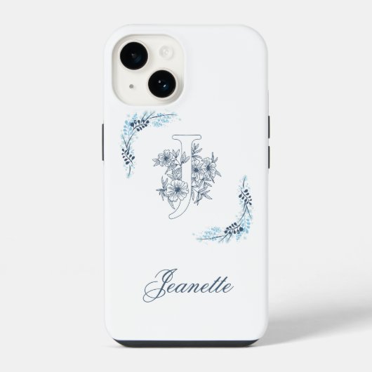 Initiële "J" Blauwe Monogram Rustige Bloemen iPhone Hoesje (Achterkant)