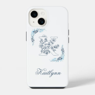 Initiële "K" Blauwe Monogram Rustige Bloem iPhone 14 Hoesje