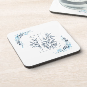 Initiële "L" Blauwe Monogram Rustige Bloem Bier Onderzetter