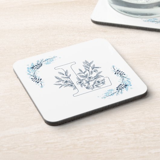 Initiële "L" Blauwe Monogram Rustige Bloem Bier Onderzetter (Linkerzijde)