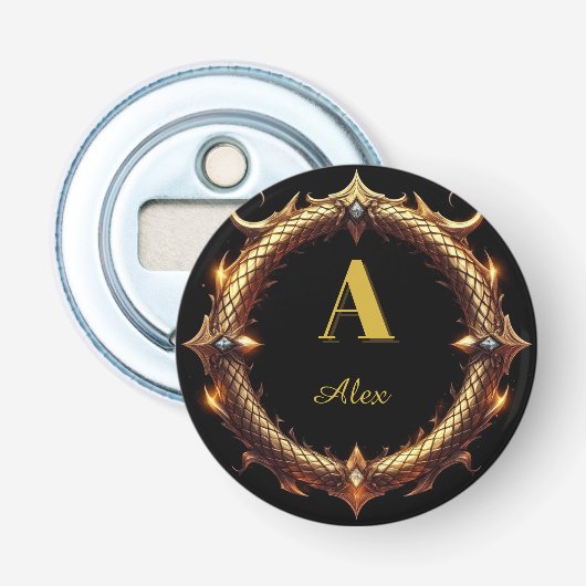✨ Initiële Letter Draak Sierlijke Cirkel Frame ✨ Button Flesopener (Voorkant)