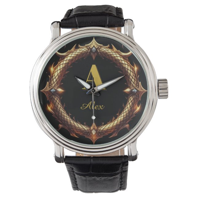 ✨ Initiële Letter Draak Sierlijke Cirkel Frame ✨ Horloge (Voorkant)