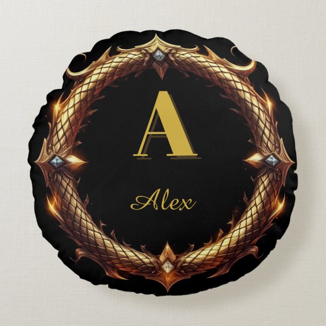 ✨ Initiële Letter Draak Sierlijke Cirkel Frame ✨ Rond Kussen (Voorkant)
