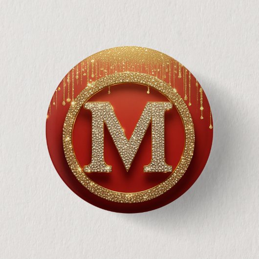 Initiële Letter M Gouden Glitter Monogram Ronde Button 3,2 Cm (Voorkant)