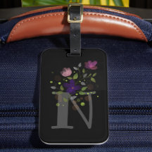 Initiële letter N plus bloemontwerp bagagelabel