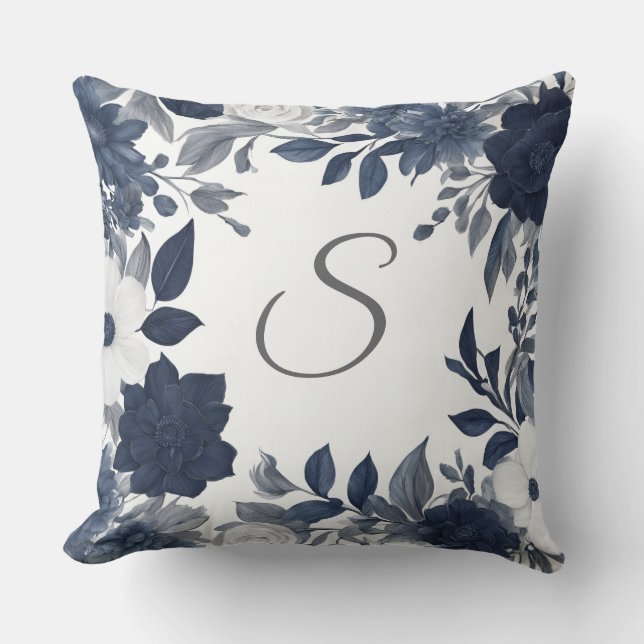 Initiële Monogram Navy Blauwe Grijze Boerderij Blo Kussen (Voorkant)