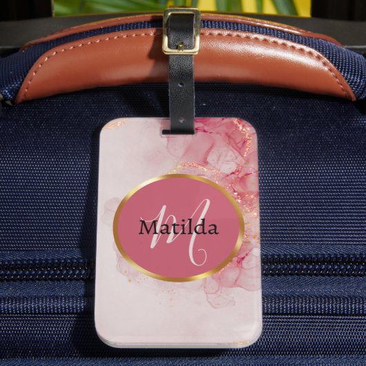 Initiële Monogram Nep Roze Goud Aangepaste Tekst Bagagelabel (Voorkant Insitu 2)