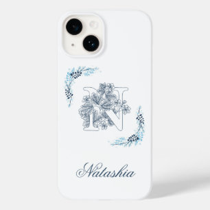 Initiële "N" Blauwe Monogram Kalme Bloem Case-Mate iPhone 14 Hoesje