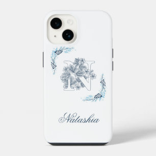 Initiële "N" Blauwe Monogram Kalme Bloem iPhone 14 Hoesje