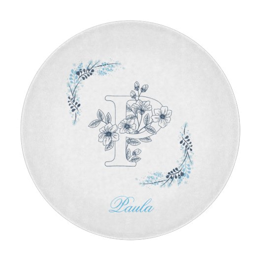 Initiële "P" Blauwe Monogram Rustige Bloem Snijplank (Voorkant)