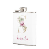 Initiële S, Gouden Letter S, Monogram S, Roze Bloe Heupfles (Links)