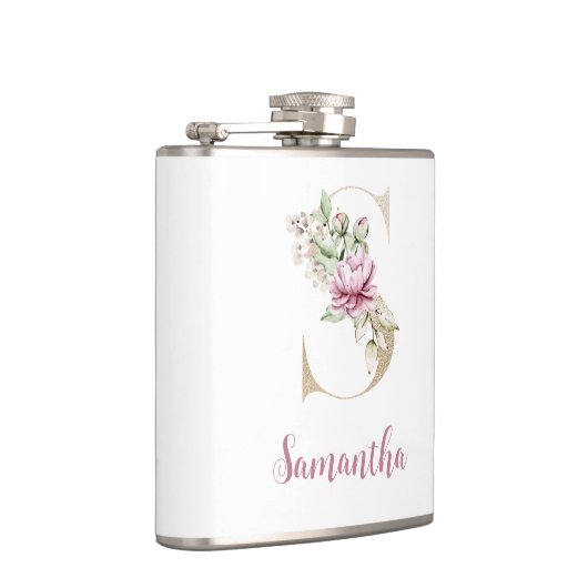 Initiële S, Gouden Letter S, Monogram S, Roze Bloe Heupfles (Rechts)