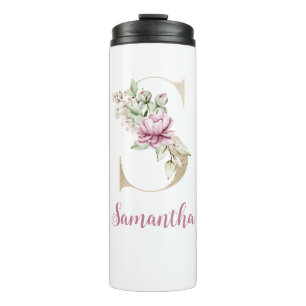 Initiële S, Gouden Letter S, Monogram S, Roze Bloe Thermosbeker