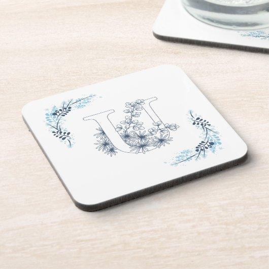 Initiële "U" Blauwe Monogram Rustige Bloem Bier Onderzetter (Linkerzijde)
