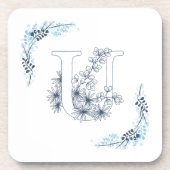 Initiële "U" Blauwe Monogram Rustige Bloem Bier Onderzetter (Voorkant)