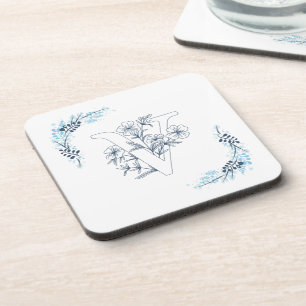 Initiële "V" Blauwe Monogram Kalme Bloem Bier Onderzetter