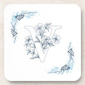 Initiële "V" Blauwe Monogram Kalme Bloem Bier Onderzetter (Voorkant)