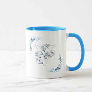 Initiële "V" Blauwe Monogram Rustige Bloem Coffee Mok