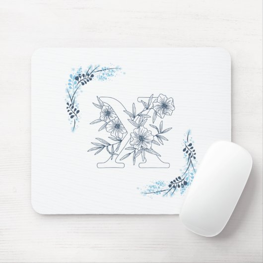 Initiële "X" Blauwe Monogram Rustige Bloem Muismat (Met muis)