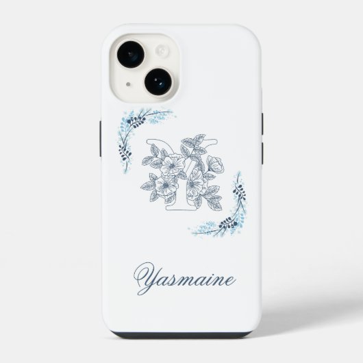 Initiële "Y" Blauwe Monogram Rustige Bloem iPhone Hoesje (Achterkant)