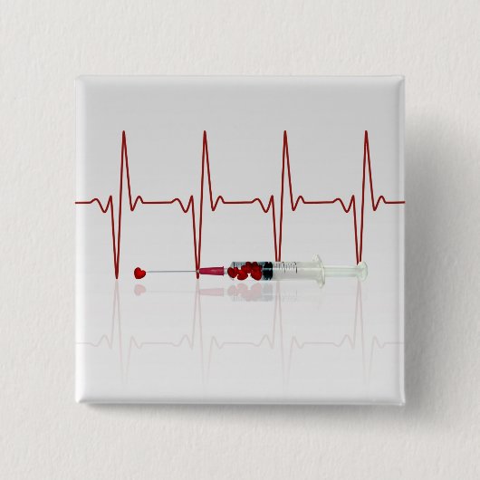 Injectie met rood hart vierkante button 5,1 cm (Voorkant)