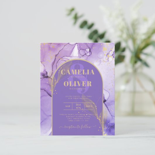 Ink Abstract PAARS GOLD Lavender Wedding INVITE (Staand voorkant)